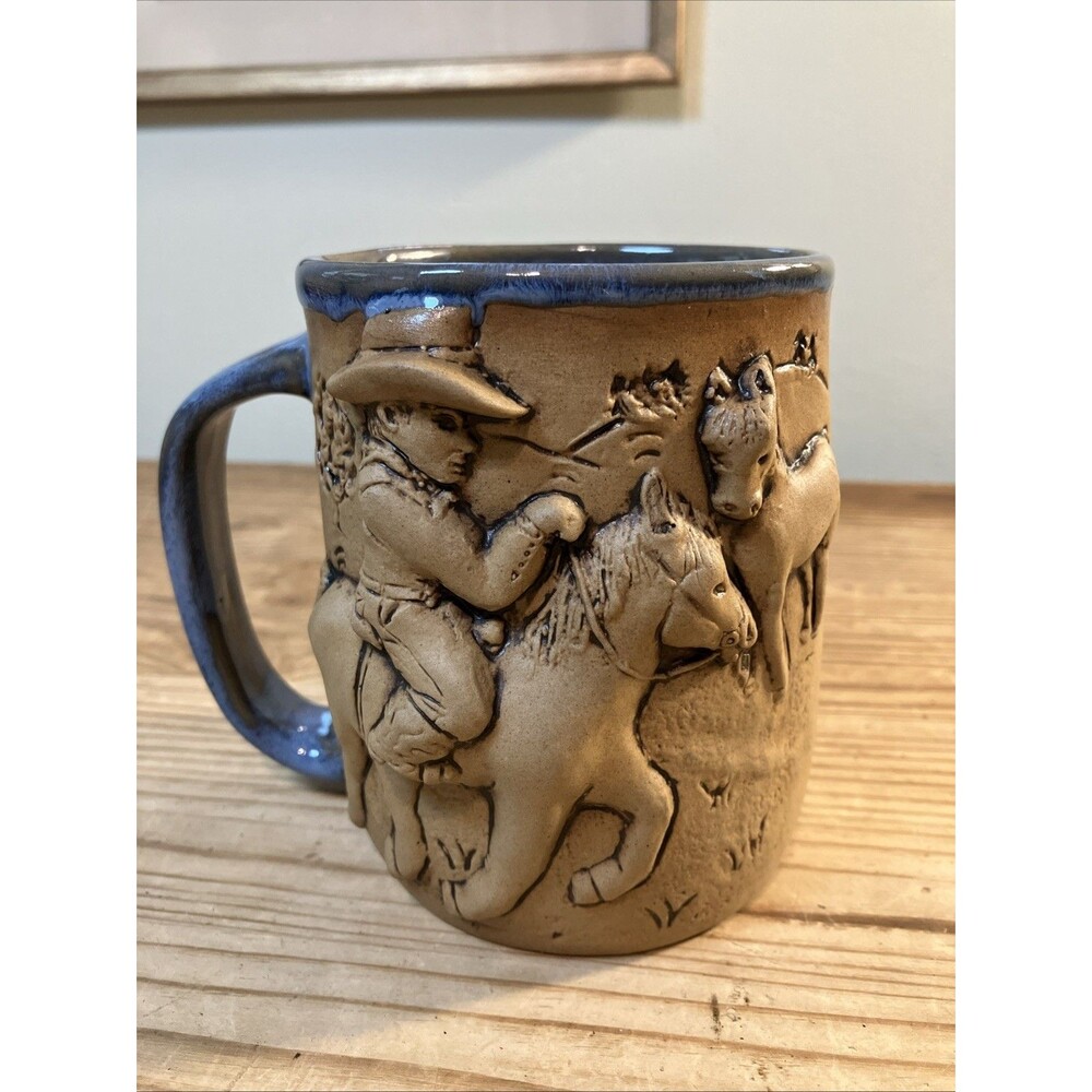 VTG Big Mug Cowboy Horse 3D Handmade Stoneware Signed N.A. Eastman Made Oregon